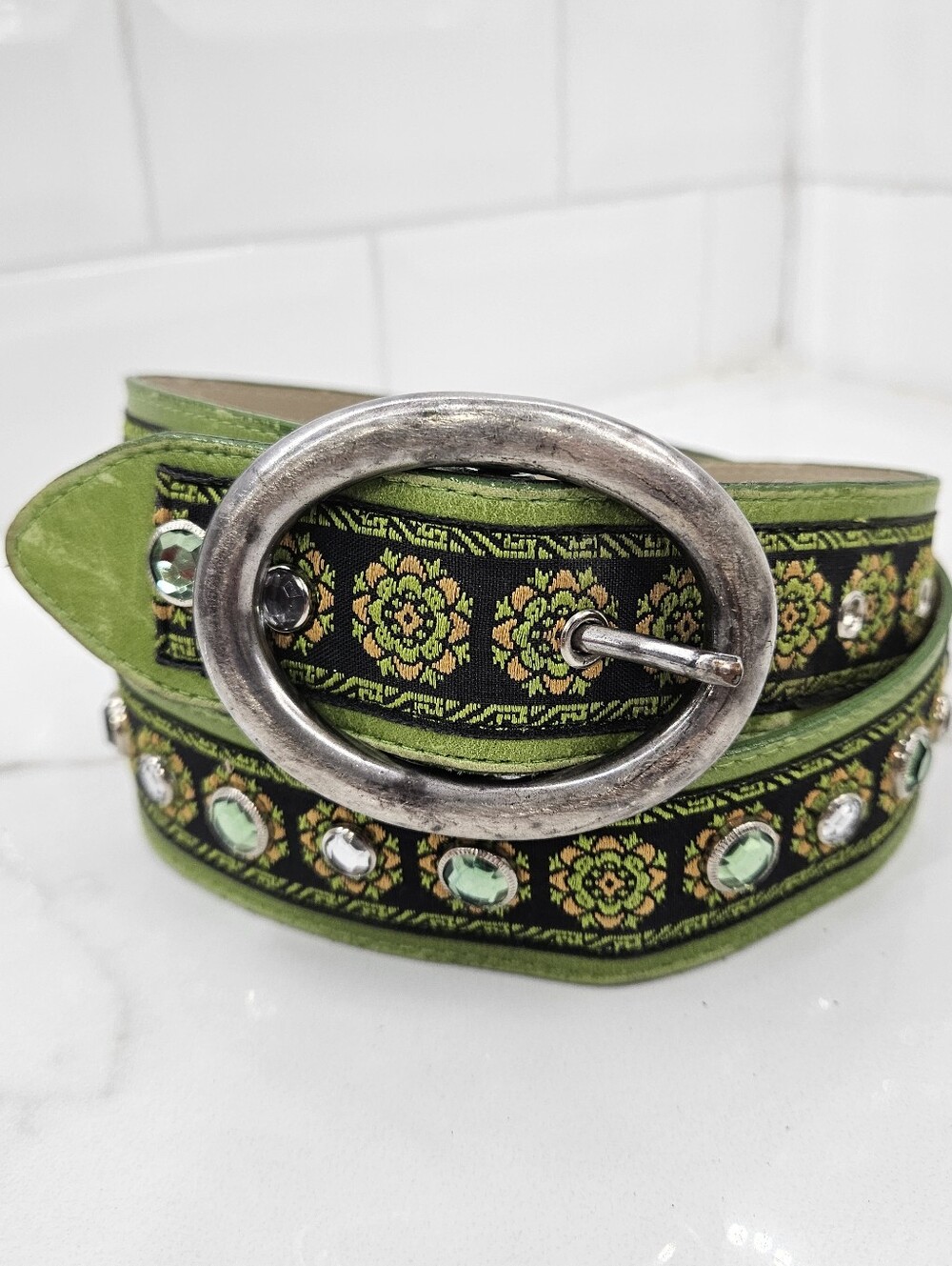 VTG Avignon Lime Green Leather Belt Rhinestone Studs Silver Buckle 80s Hippie SM